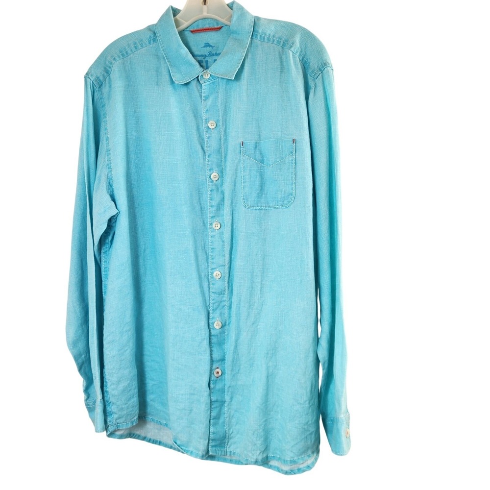 Tommy Bahama Relax Mens‎ Large Blue 100% Linen Long Sleeve Button Down Shirt